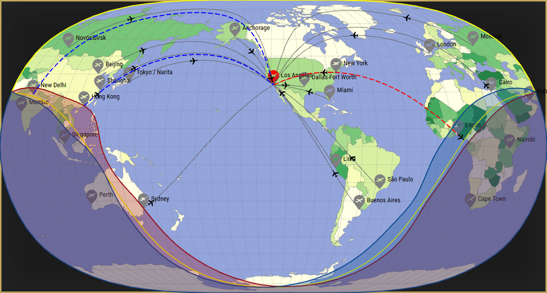 Interactive SVG map showing the flight range of a Gulfstream G650ER from Los Angeles International Airport (LAX) with real wind data.