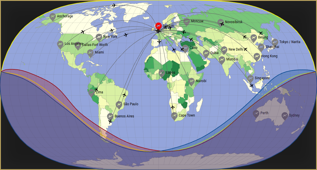 Interactive SVG map showing the flight range of a Gulfstream G650ER from London Heathrow Airport (LHR) with real wind data.