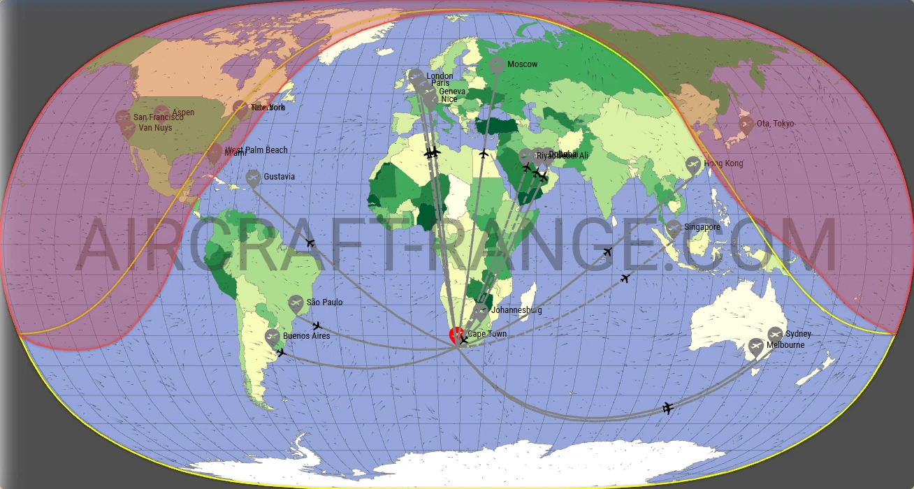 Gulfstream G650ER broker route map from Cape Town International Airport (FACT)