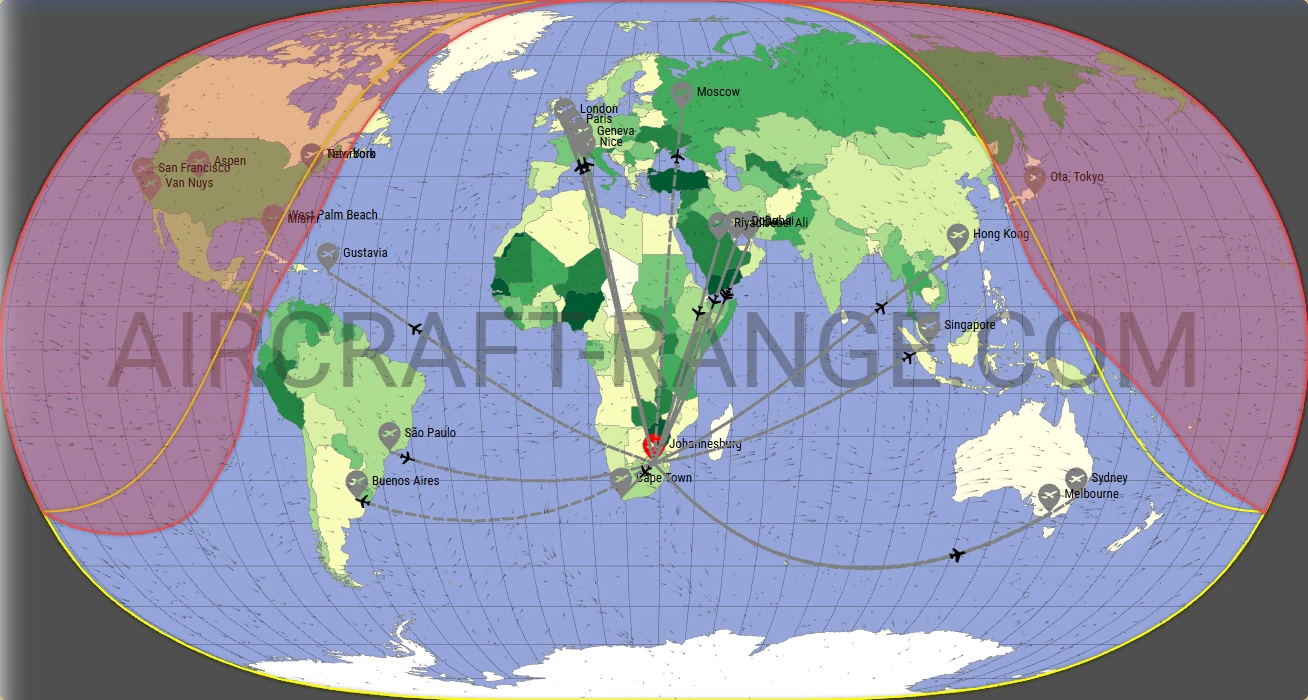 Gulfstream G650ER broker route map from O.R. Tambo International Airport (FAOR)