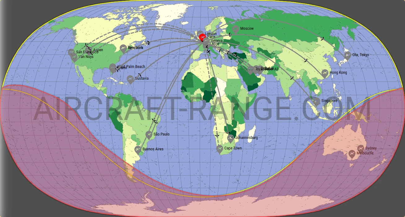 Gulfstream G650ER broker route map from Paris-Le Bourget International Airport (LFPB)