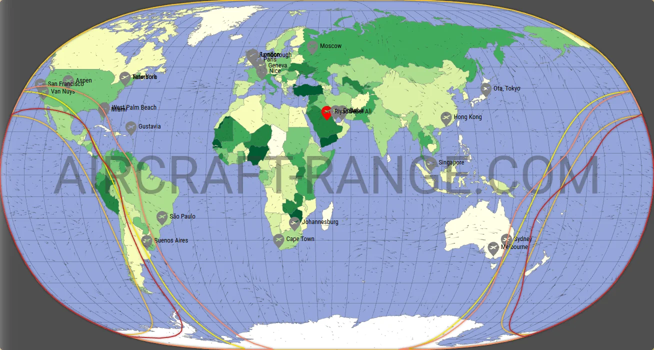 Gulfstream G650ER vs Gulfstream G700 range map from King Khalid International Airport (OERK)