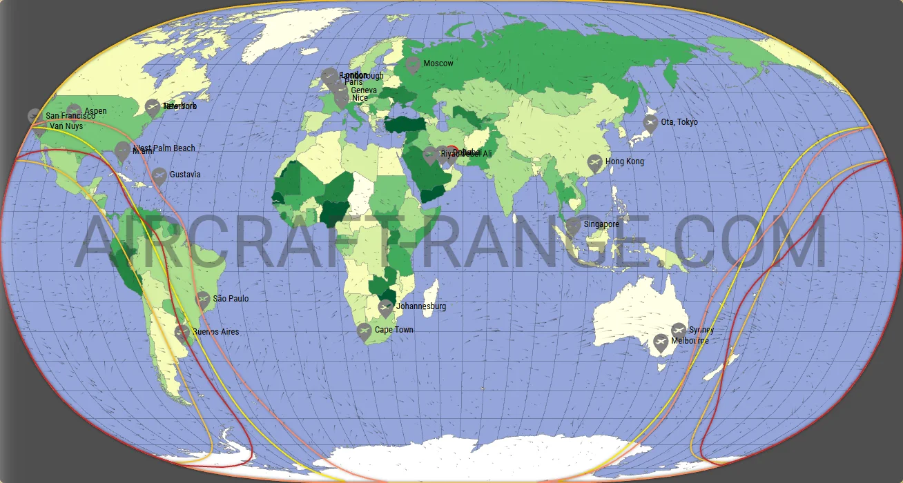 Gulfstream G650ER vs Gulfstream G700 range map from Dubai International Airport (OMDB)
